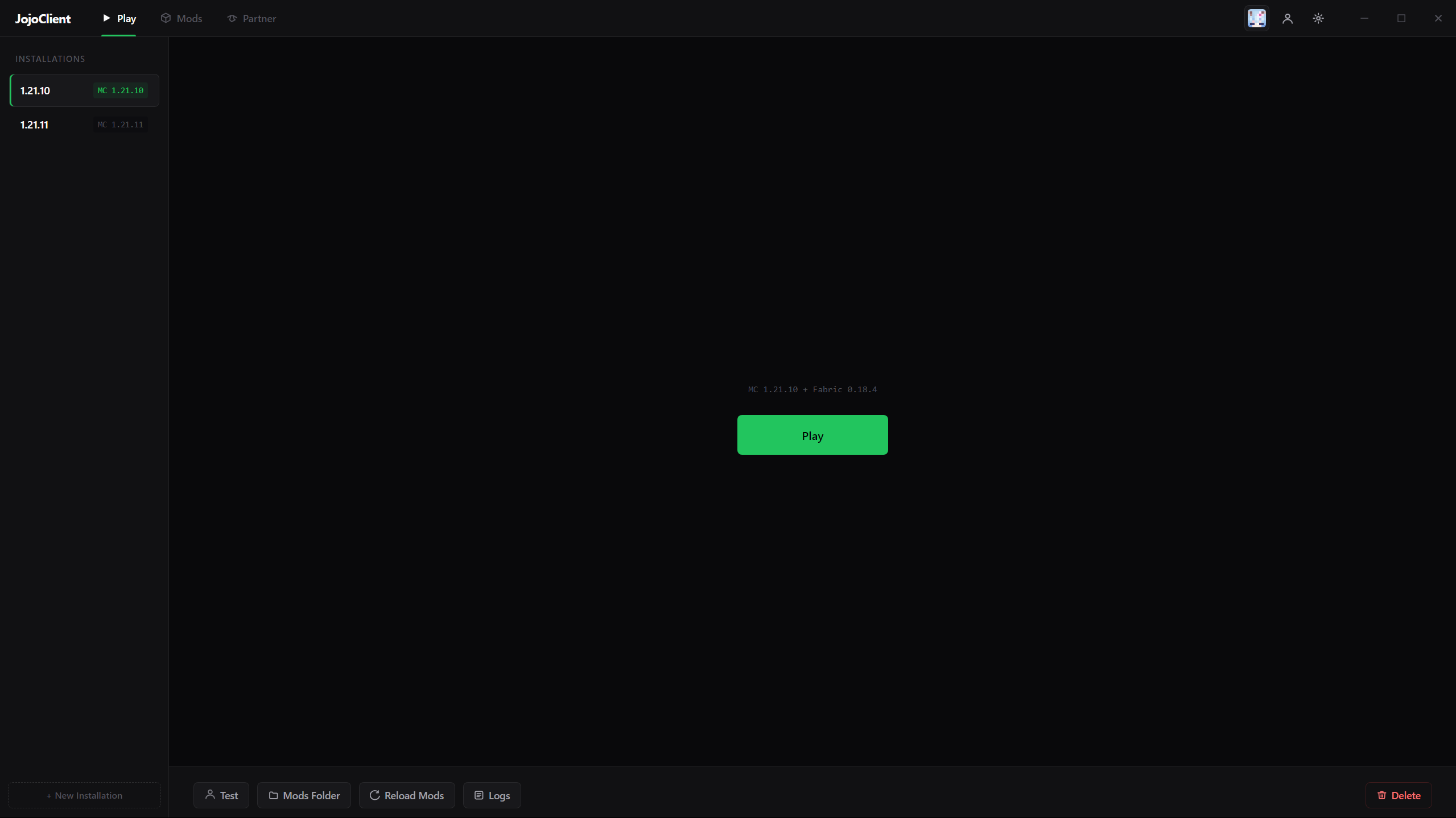 JojoClient main window showing the Play tab with installations list and play button