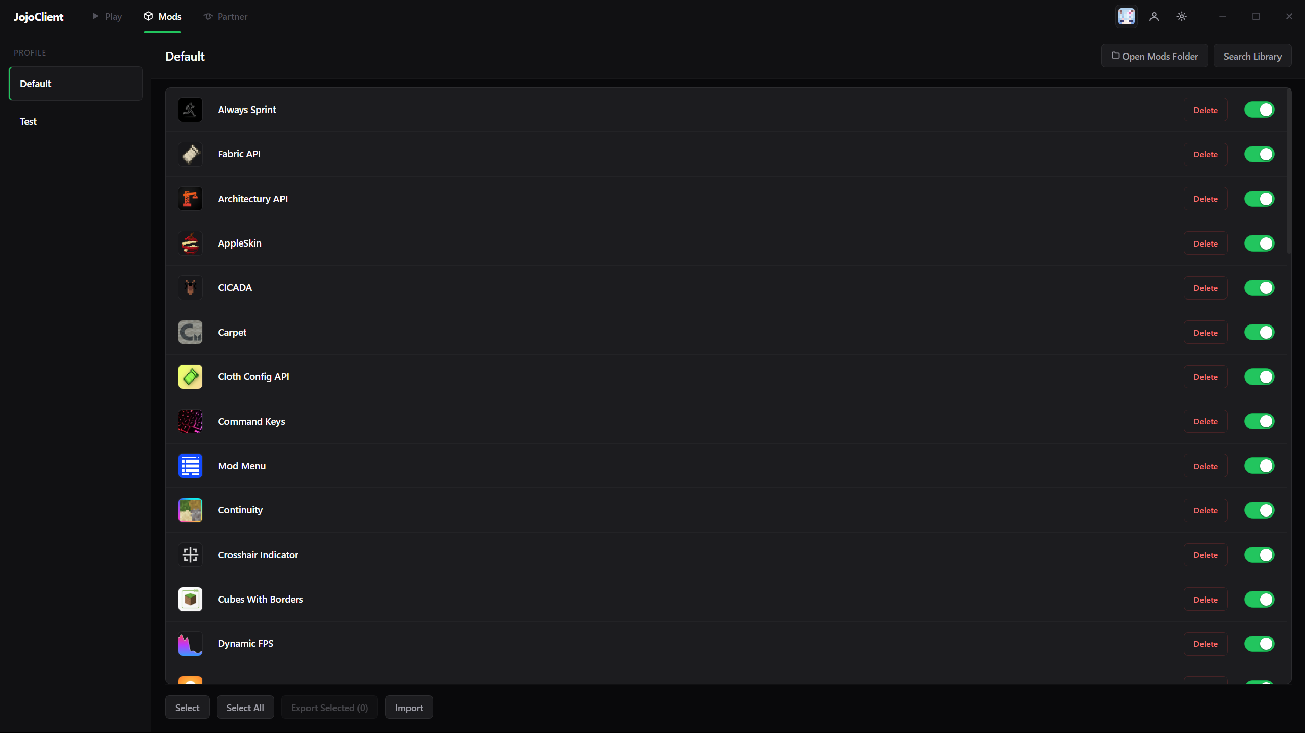 JojoClient mods tab showing a list of installed mods with toggles