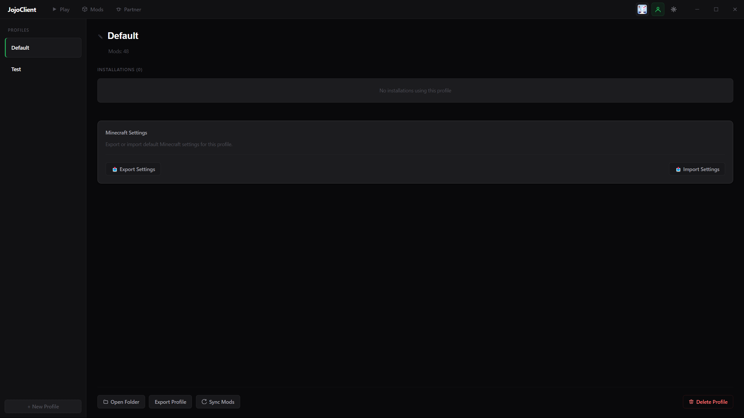 JojoClient profile tab showing profile management and installation list